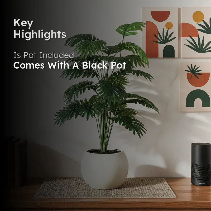 Faux Green Areca Artificial Palm Plant With Black Plastic Pot - 2.79 ft - 2
