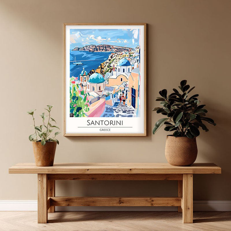 Vintage Santorini Framed Canvas Archival Canvas Wall Painting - Natural Brown Frame