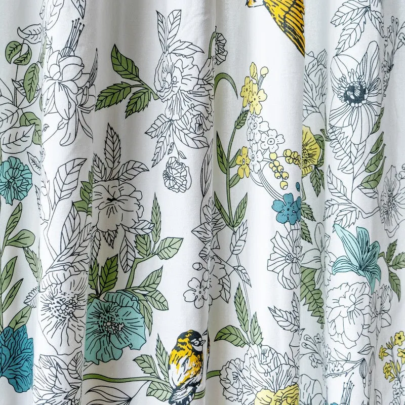 Yellow Forest Canopy Cotton Room Darkening Curtains with bird and nature print, close-up