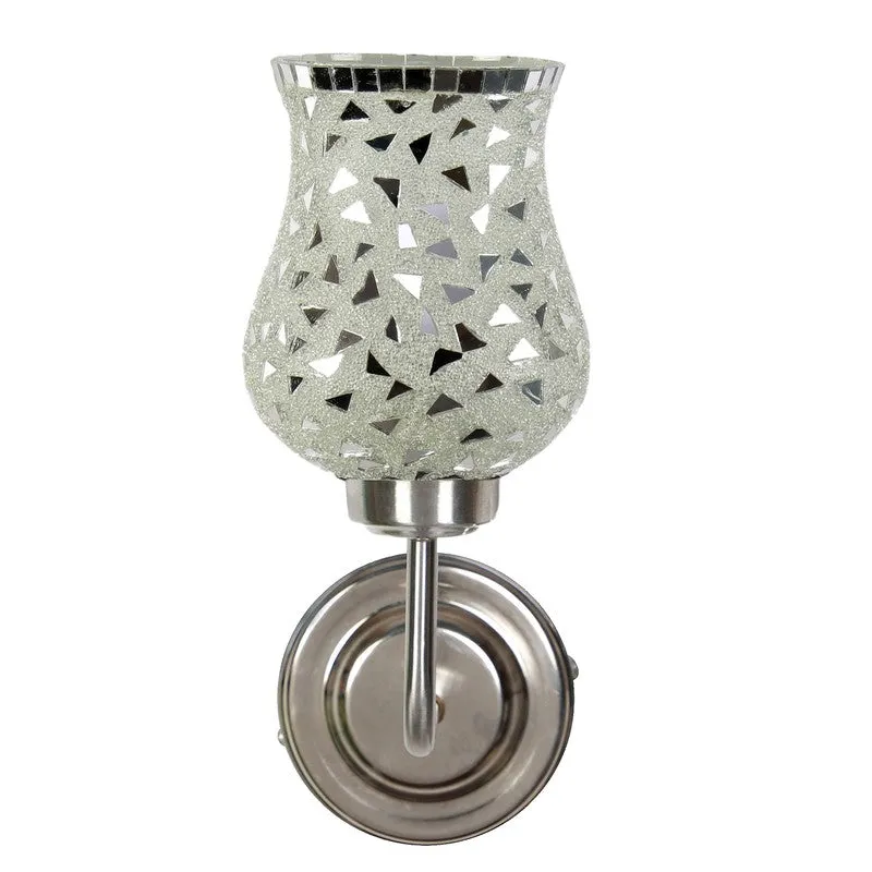 Front view of silver wall lamp with mosaic glass shade