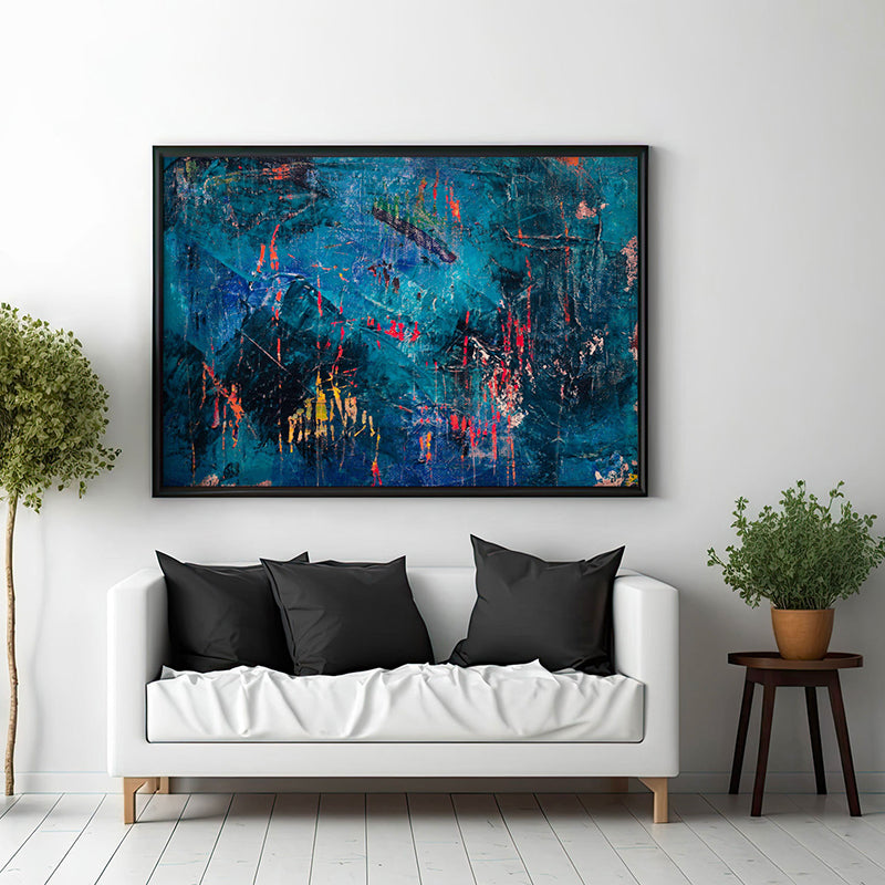 Electric-Blue Abstract Canvas Painting - Black Frame