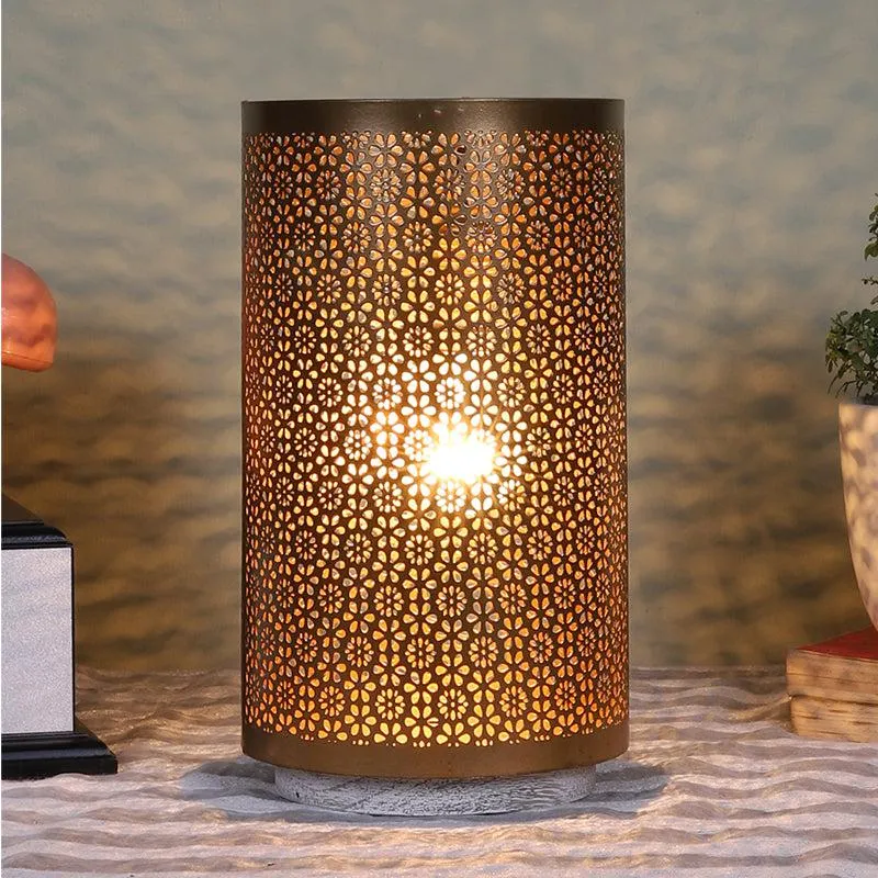 Navya Metal Table Lamp With Brushed Wooden Base - Gold media 1