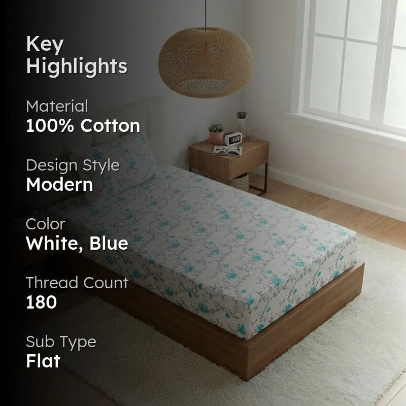 Catalina Floral Printed Cotton Bedsheet (Blue) - 180 TC media 2