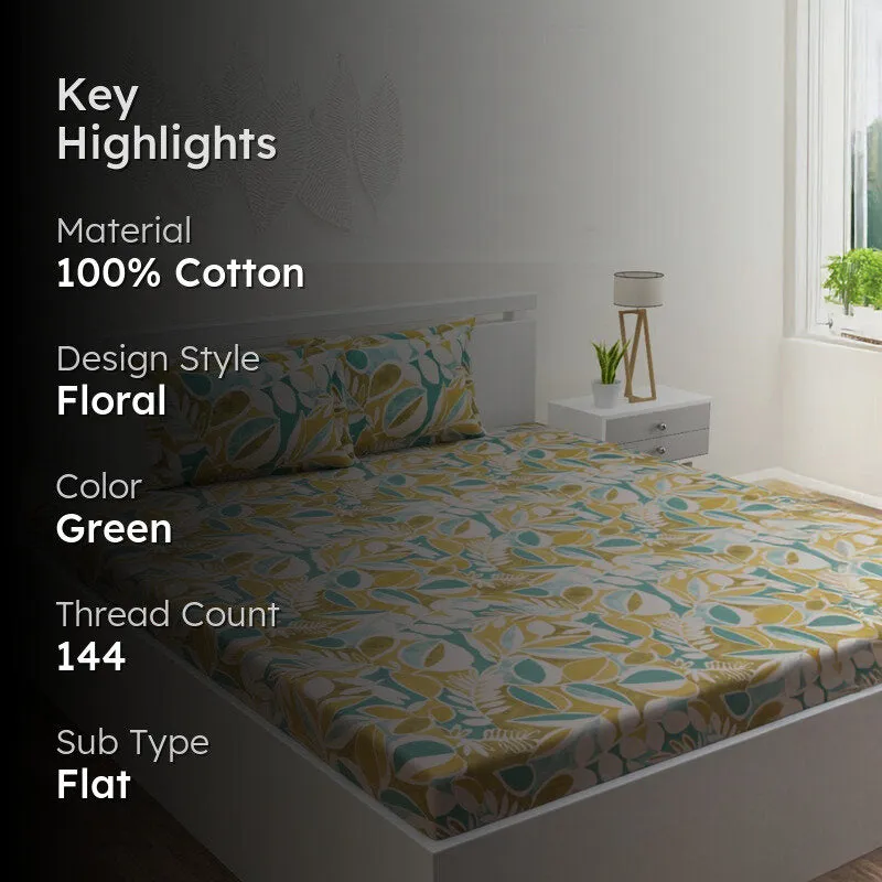 Spa Florals Cotton Bedsheet (Green) - 144 TC media 2