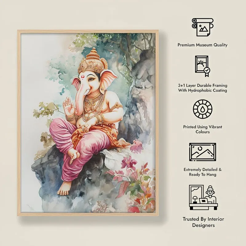 Vighnaharta's Blessing Spiritual Archival Paper Wall Painting - Natural Brown Frame media 8
