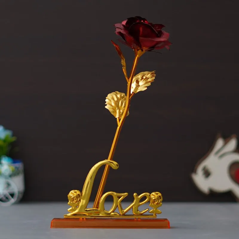 Gold stem rose decor with red flower and love-shaped base