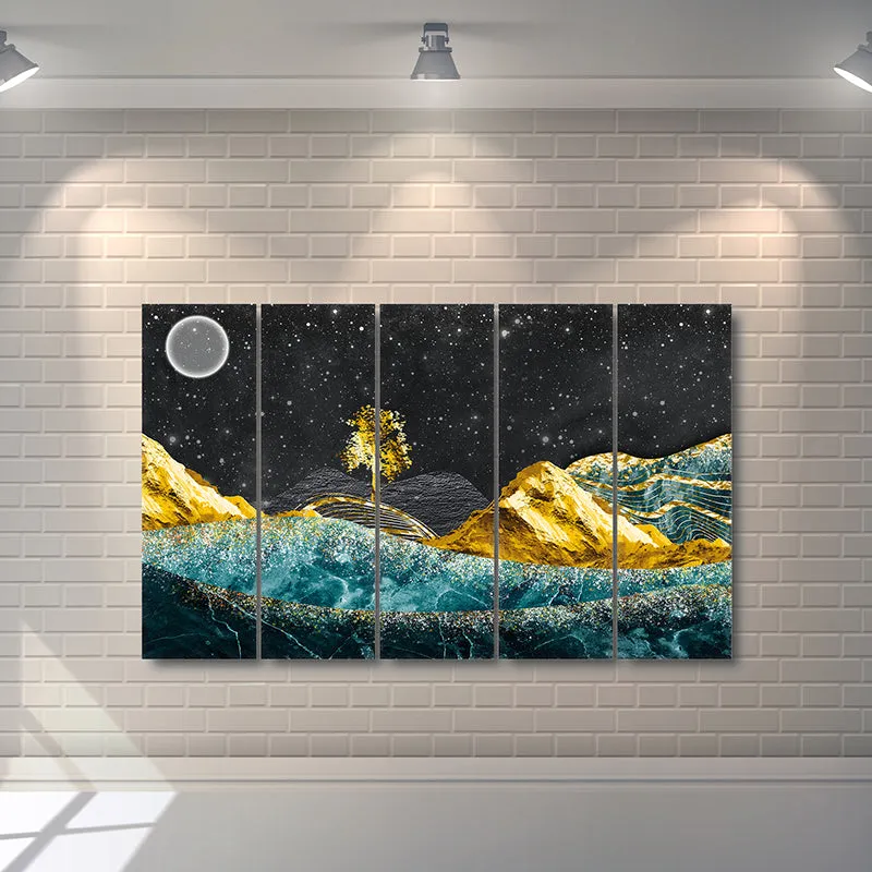 Golden Moonscape Canvas Wall Art - Set Of Five media 3