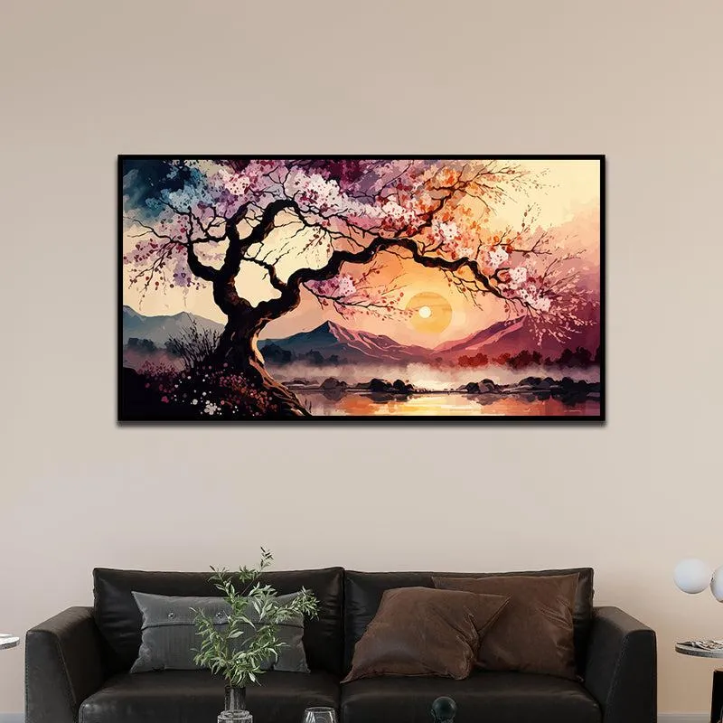 Cherry Blossom Sunset Landscape Canvas Wall Painting With Frame - Black media 5