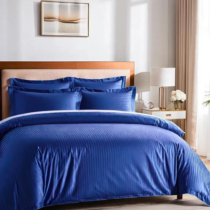 Le Coton Striped Solid Cotton Bedsheet (Dark Blue) - 250 TC media 3
