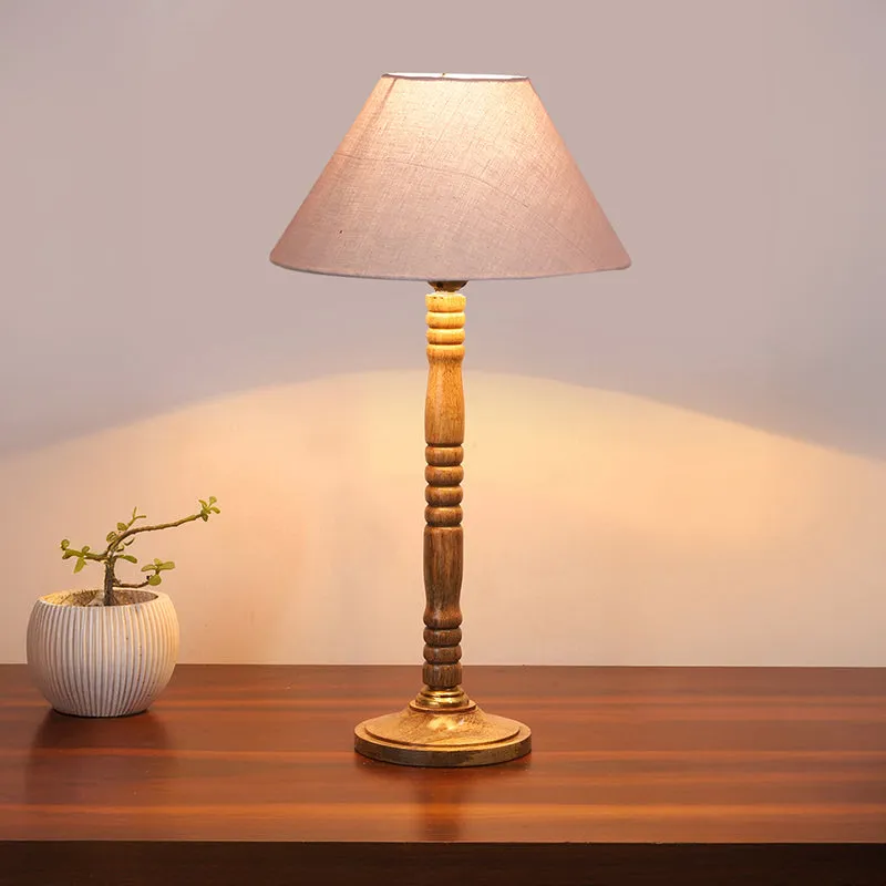 Glow Mesa Table Lamp With Carved Wooden Base - Grey,Brown media 1
