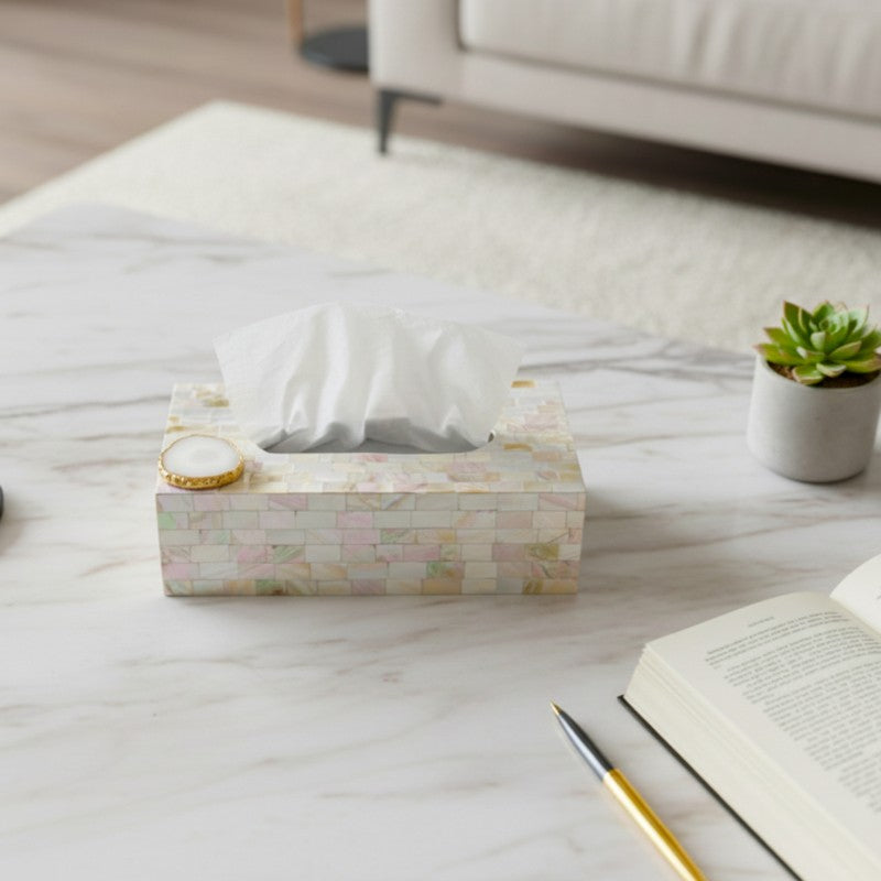 Suzzaine Handcrafted Mother Of Pearl & Agate Tissue Box - White media 2