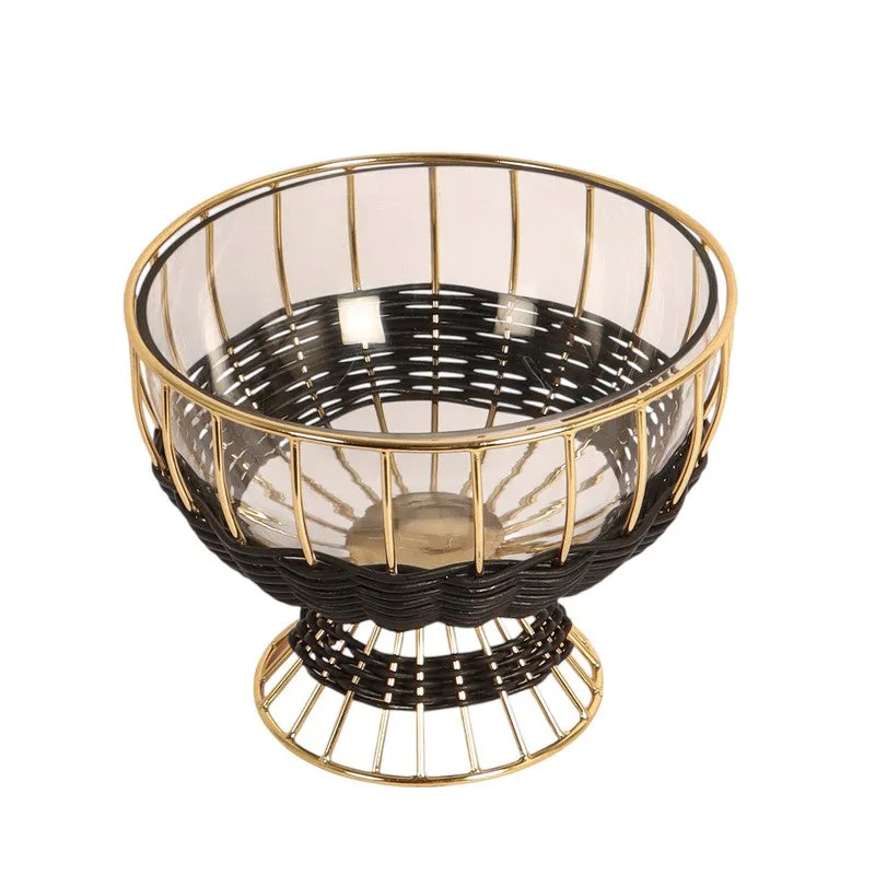 Top-front view showing the clear glass interior and black and gold bowl detailing.
