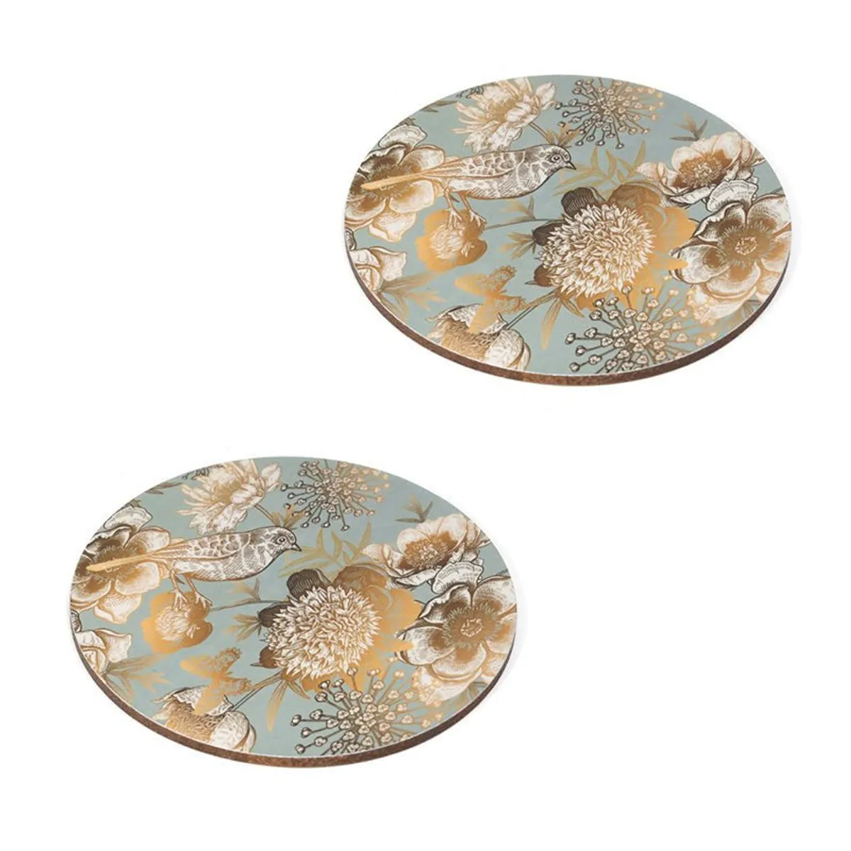Two round floral table mats displayed against a white background