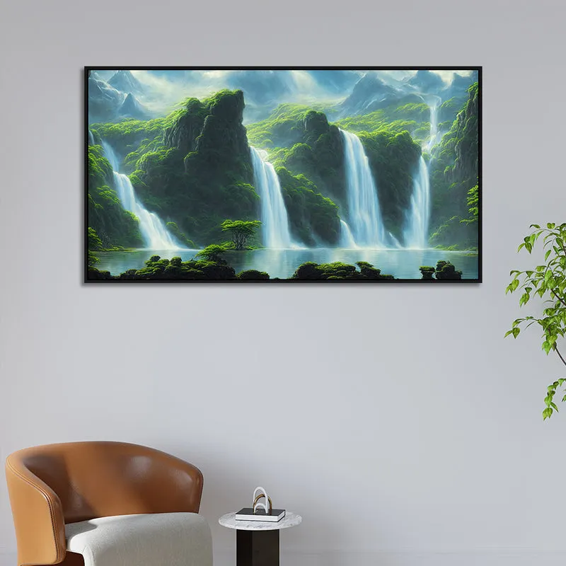 Emerald Isle Waterfalls Landscape Canvas Wall Painting With Frame - Black media 5