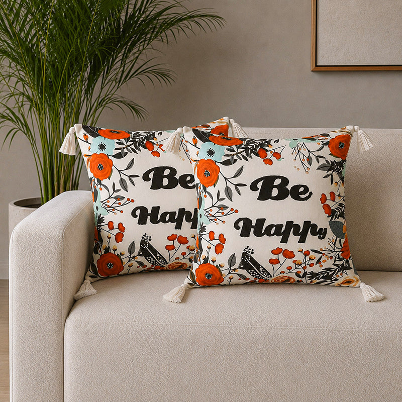 Vineyard Charm "Be Happy" Embroidered Cotton Cushion Cover - Set Of Two - 16 x 16 Inches