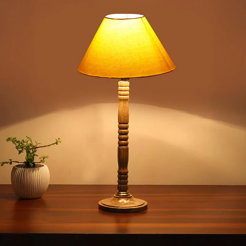Glow Mesa Table Lamp With Carved Wooden Base - Yellow,Brown media 2