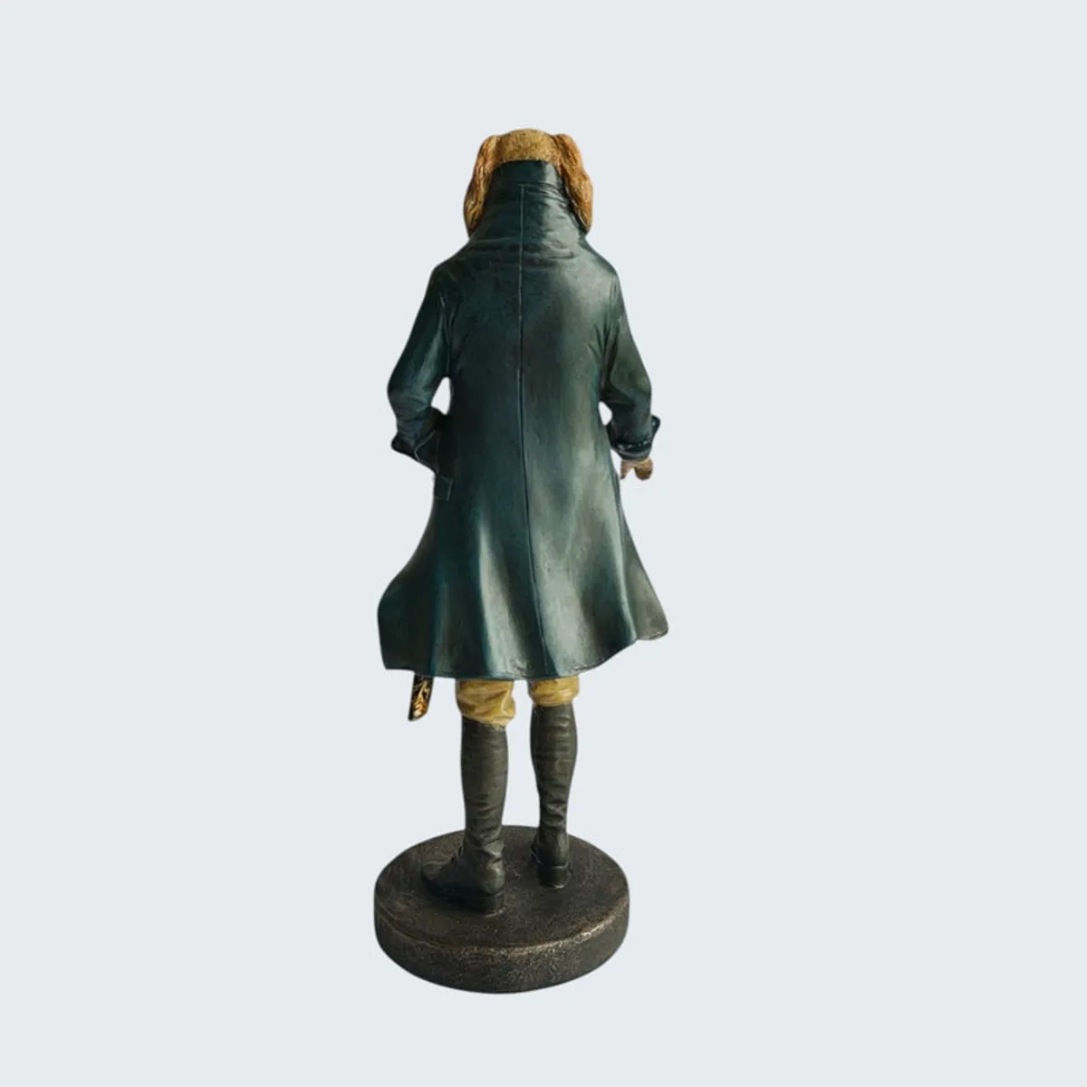 Back view of the dog gentleman showpiece with a long green coat