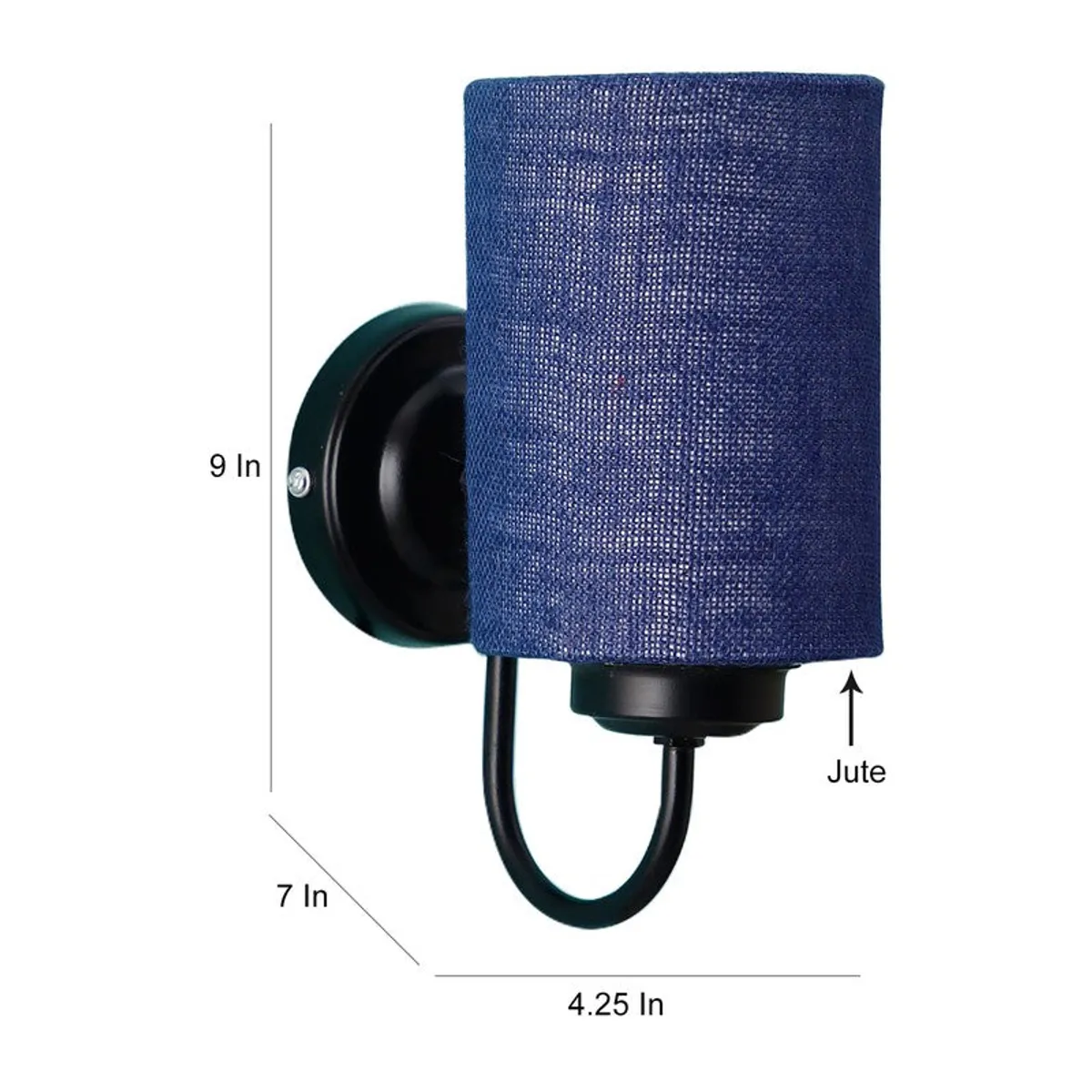 Blue jute wall lamp with black mount shown with size markings