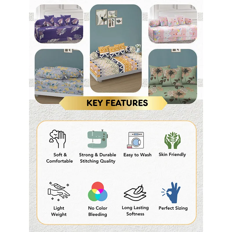Collage showing assorted diwan set designs and feature icons