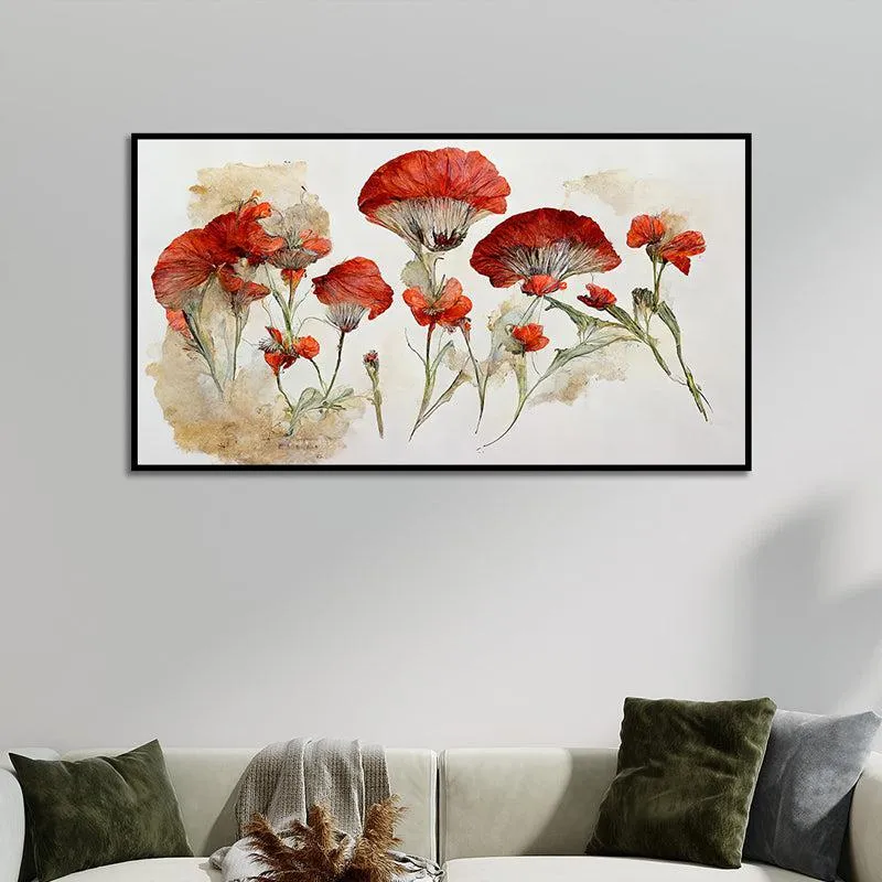 Red Autumn Blooms Floral Canvas Wall Painting With Frame - Black media 5