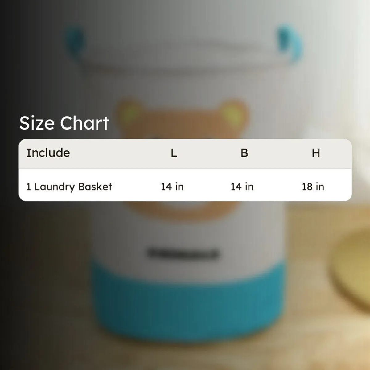 Laundry basket size chart showing one basket and its dimensions