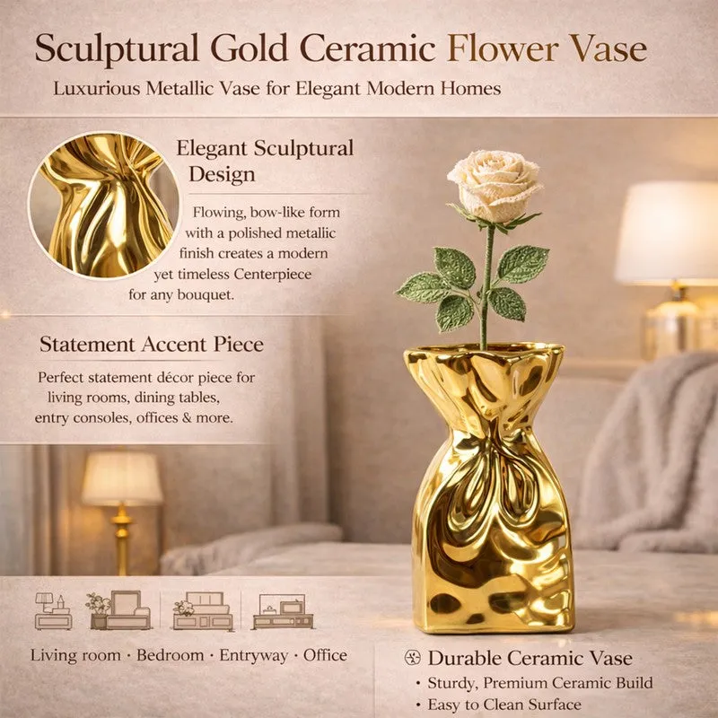 Promotional layout showing the gold sculptural vase with a single cream flower