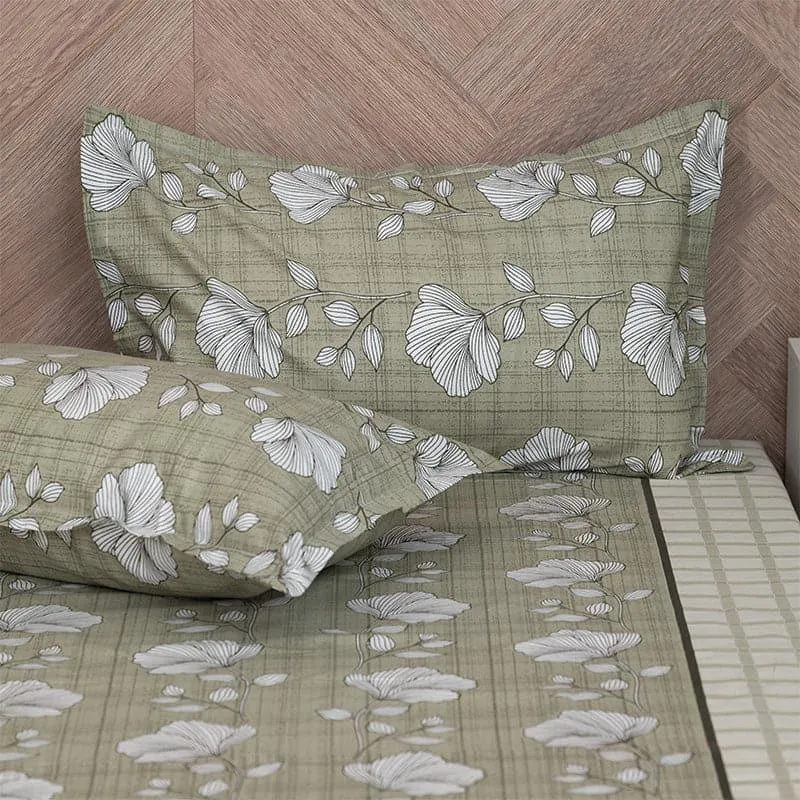 Manora Floral Cotton Bedsheet (Olive Green) - 144 TC media 3