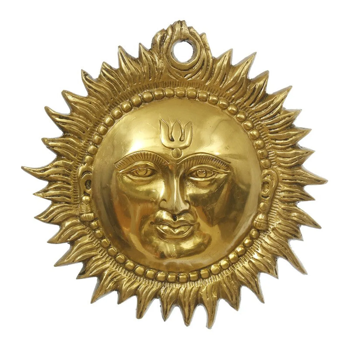 Close-up of the glossy gold brass wall hanging