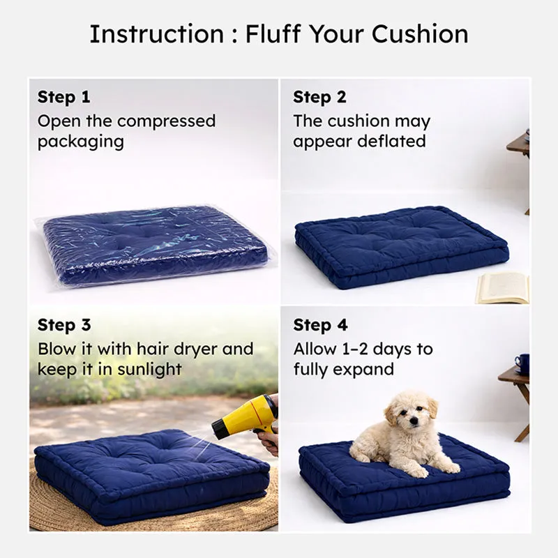Instruction collage showing a compressed cushion being opened and expanded.