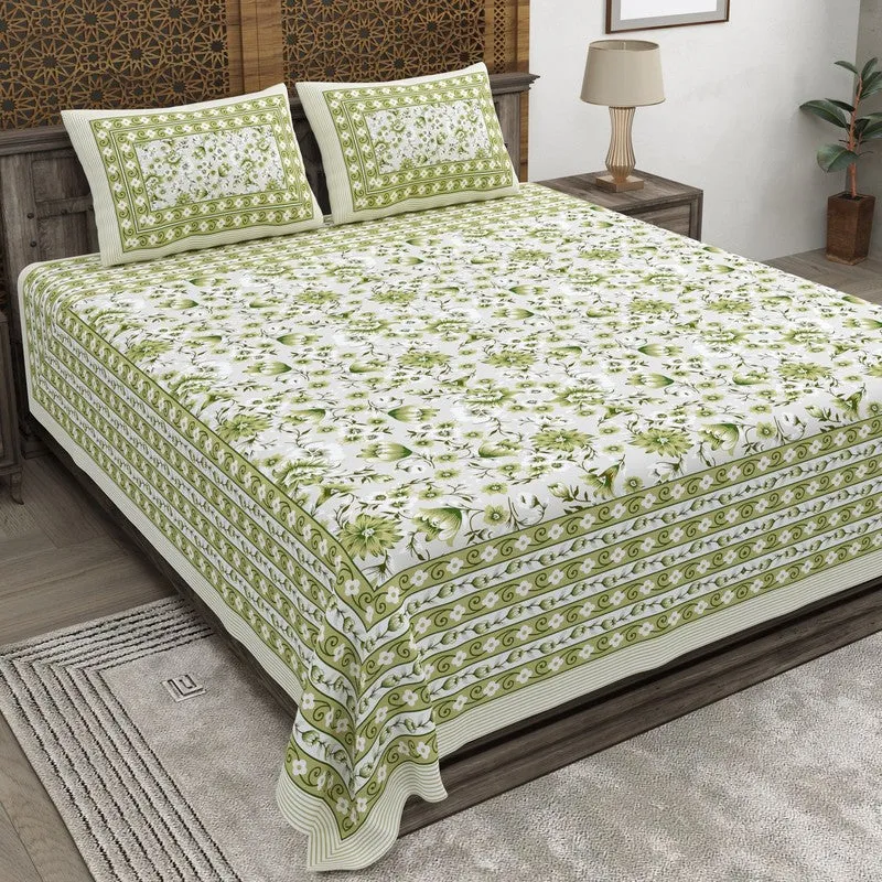Artum Cotton Bedsheet (Olive Green,White) - 240 TC media 1
