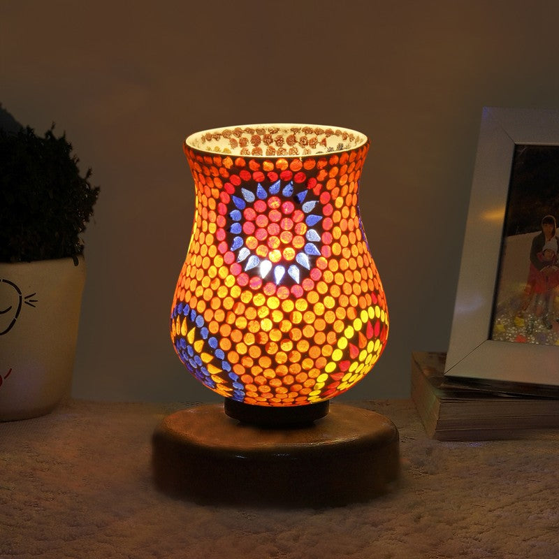 Lumvira Mosaic Glass Table Lamp With Wooden Base - Multicolor