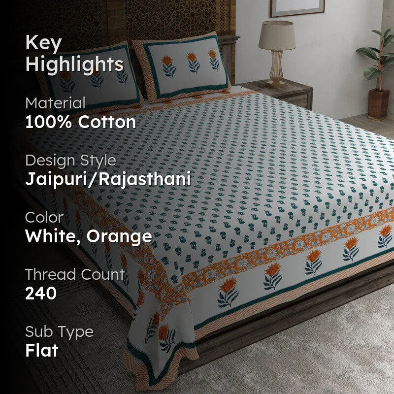Gardena Cotton Bedsheet (White,Orange) - 240 TC media 2