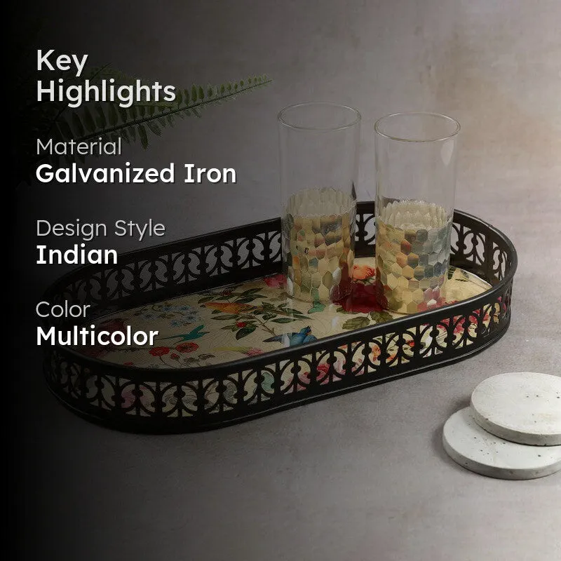 India Circus Floral Multicolor Rectangle Galvanized Iron Serving Tray media 2