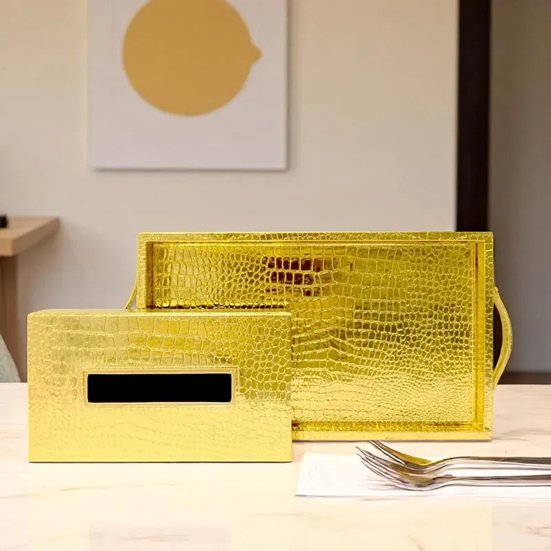 Liora Faux Leather Tray With Tissue Holder (Yellow) - Two Piece Set media 1