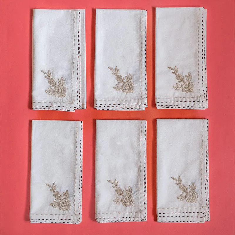 Threaded Blossom Embroidered Cotton Table Napkin (Beige) - Set Of Six media 1