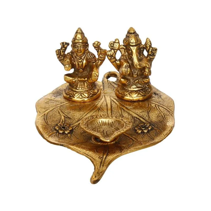 Sacred Lakshmi Ganesha Idol Metal Diya Stand - Gold media 4