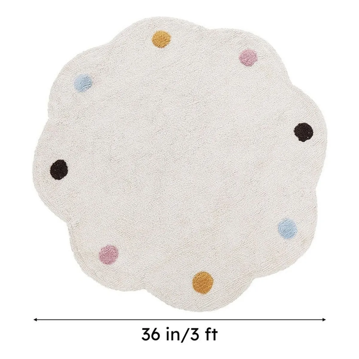 White scalloped tufted rug with colourful dots