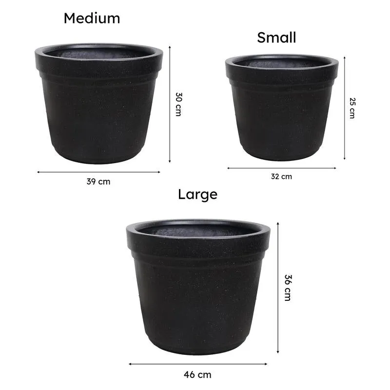 Black planter size comparison showing Large, Medium and Small options