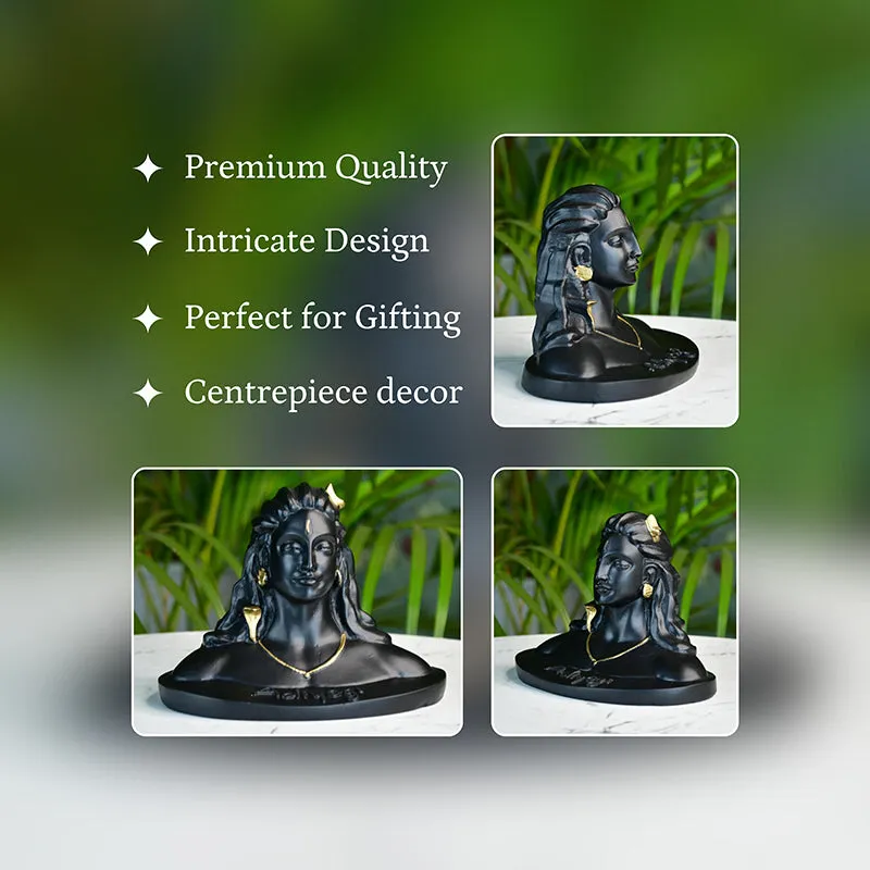 Collage showing three angles of the black Adiyogi showpiece