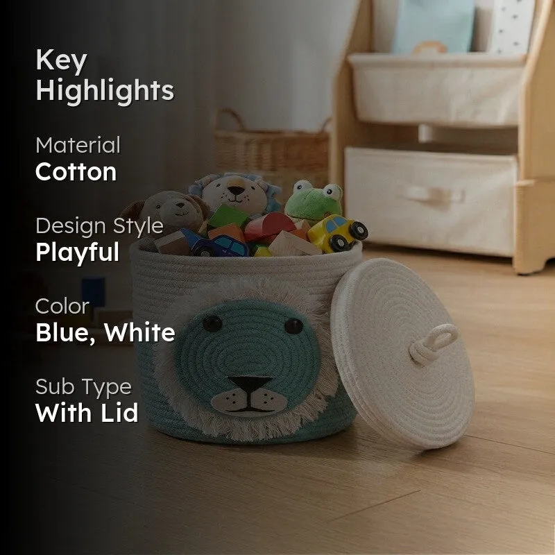 Lion-face storage basket with highlighted material, colour and lid details
