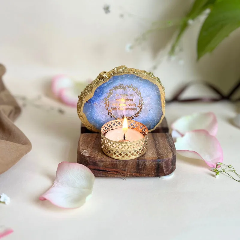 Gayathri Mantra Handcrafted Agate Religious Accent With Tealight Candle Holder - Blue media 5