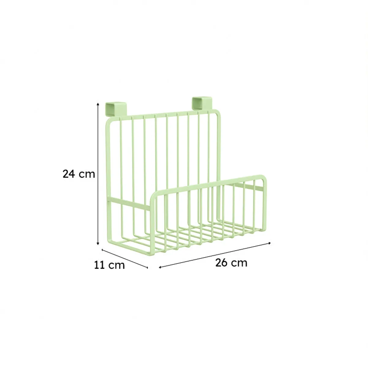 Green metal kitchen rack shelf with dimension markers