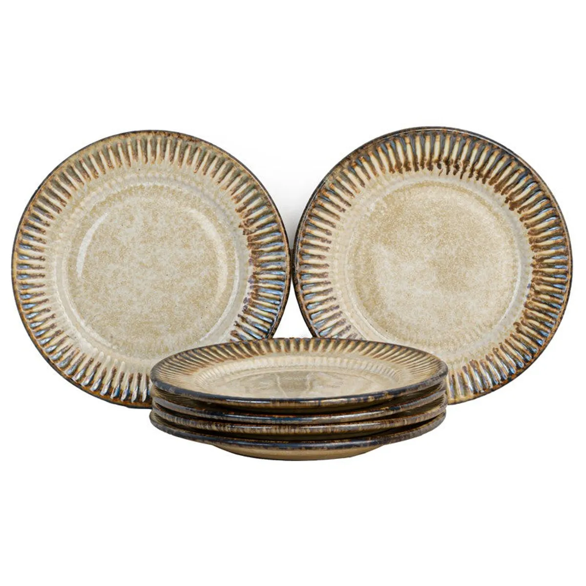 Six beige ceramic plates with dark ridged rims arranged in a stack