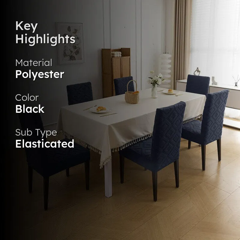 Black chair covers styled around a dining table with key highlights overlay