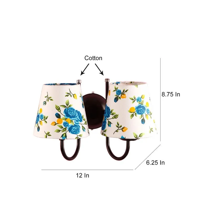 Twin floral wall lamp with cotton shades shown with dimension graphic