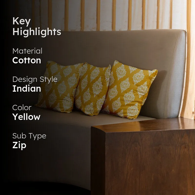 Urban Space Block Printed Yellow Cotton Cushion Covers - Set Of Three media 2
