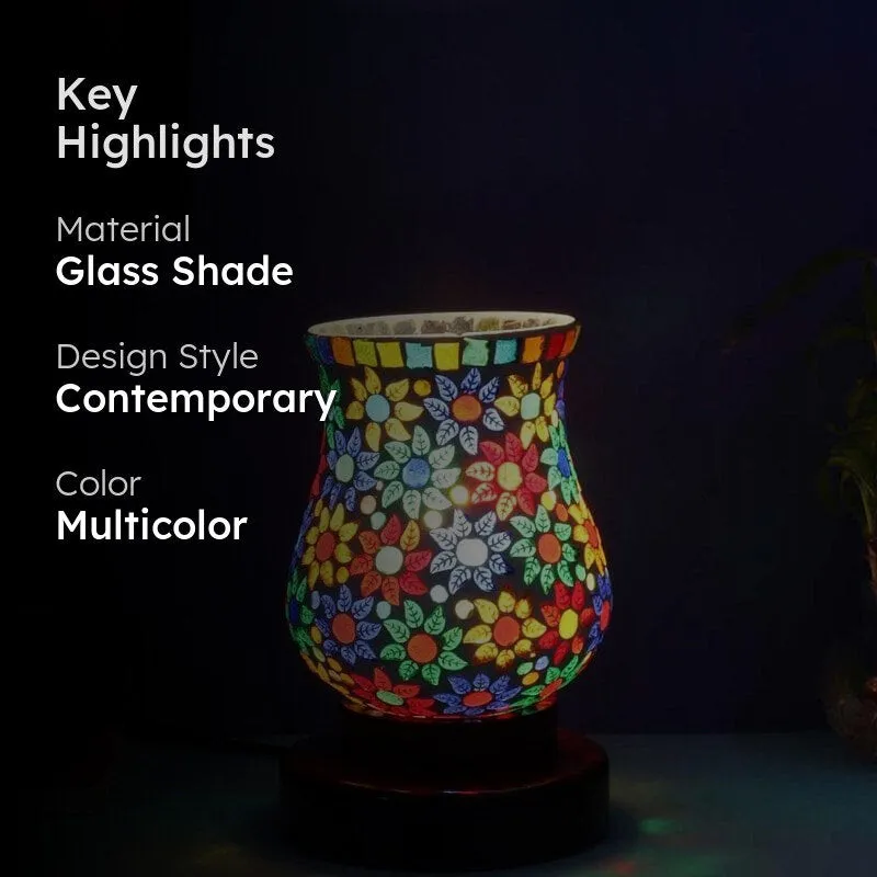 Lit multicolour floral table lamp with highlight text overlay