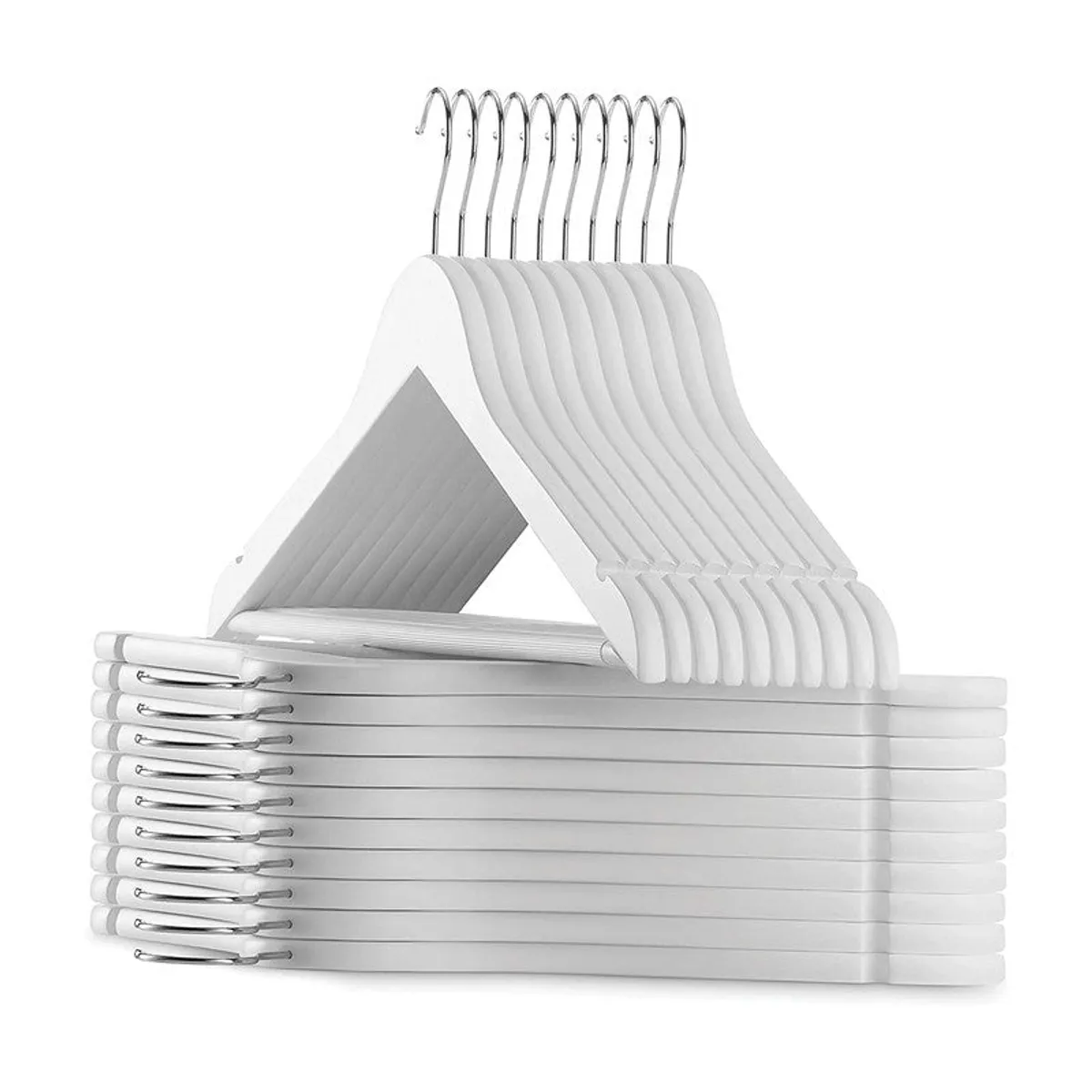 Stack of twelve white wooden hangers with chrome hooks