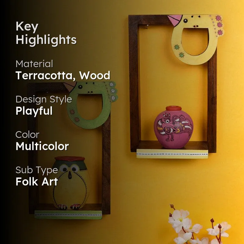 Babita Terracotta & Wood Wall Shelve With Pot - Four Piece Set media 2