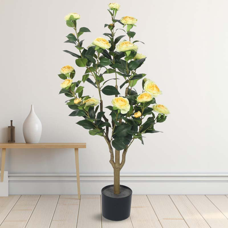 Faux Lush Mini Camellia Plant With Black Plastic Pot -  Yellow & Green-  3.1 Feet media 3